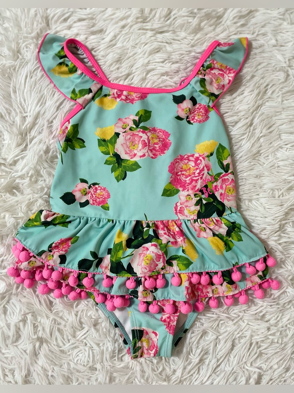 Betsey Johnson Preppy Floral Pom Pom Trim One Piece Skirt Swimsuit Pink Girls 4